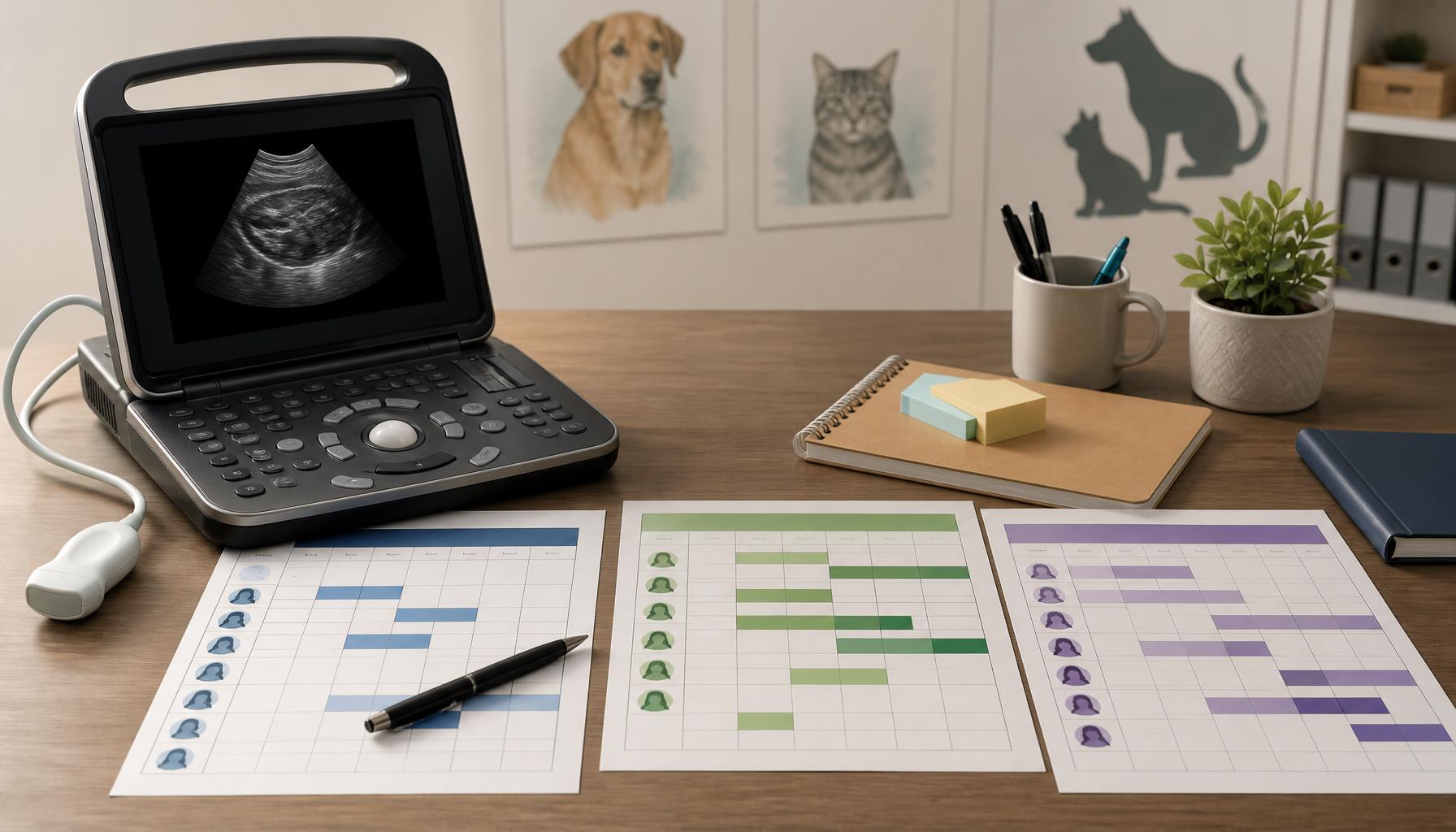 A conceptual clinic planning desk shows a portable animal ultrasound scanner beside separate schedules for equipment orientation, clinical supervision, and support staff attendance, with no visible branding or readable text.