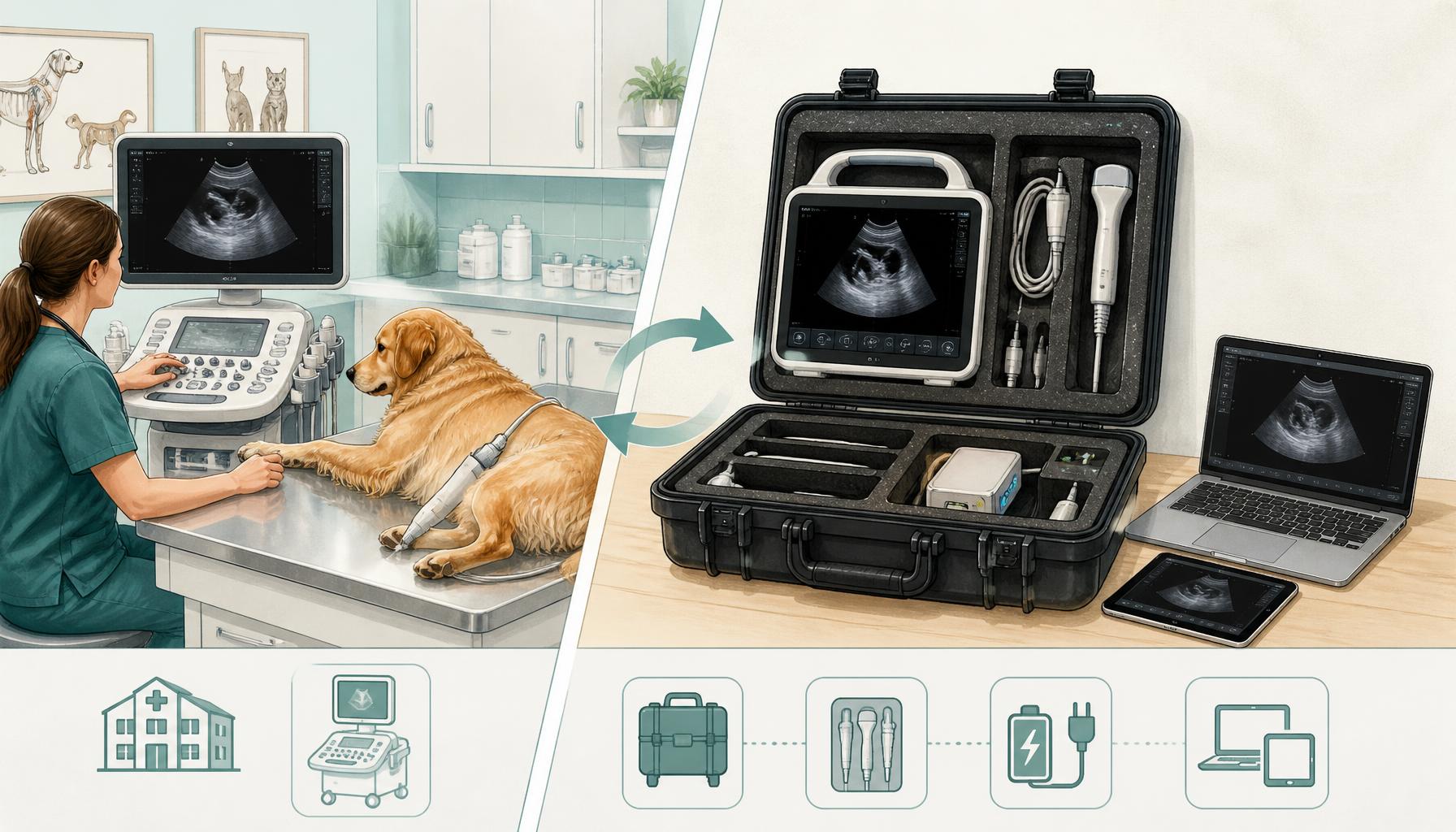 A conceptual split workspace contrasts a fixed veterinary examination room with a mobile equipment case, showing an animal ultrasound scanner, protected probe storage, charging space, and image-receiving equipment.