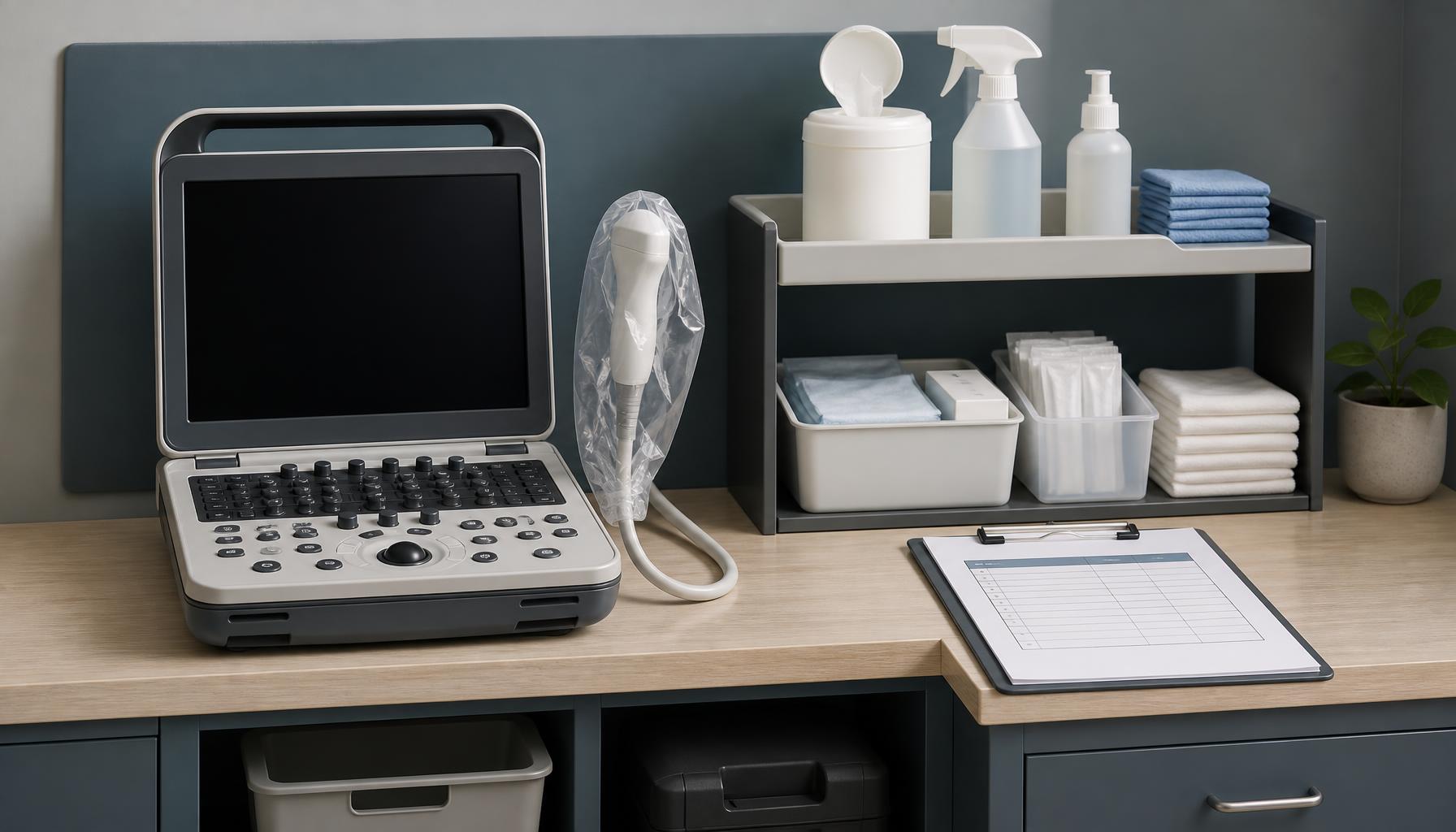 A conceptual equipment-care station shows an animal ultrasound scanner, a protected probe, separate cleaning supplies and consumables, and a maintenance responsibility sheet without depicting cleaning procedures or repair work.
