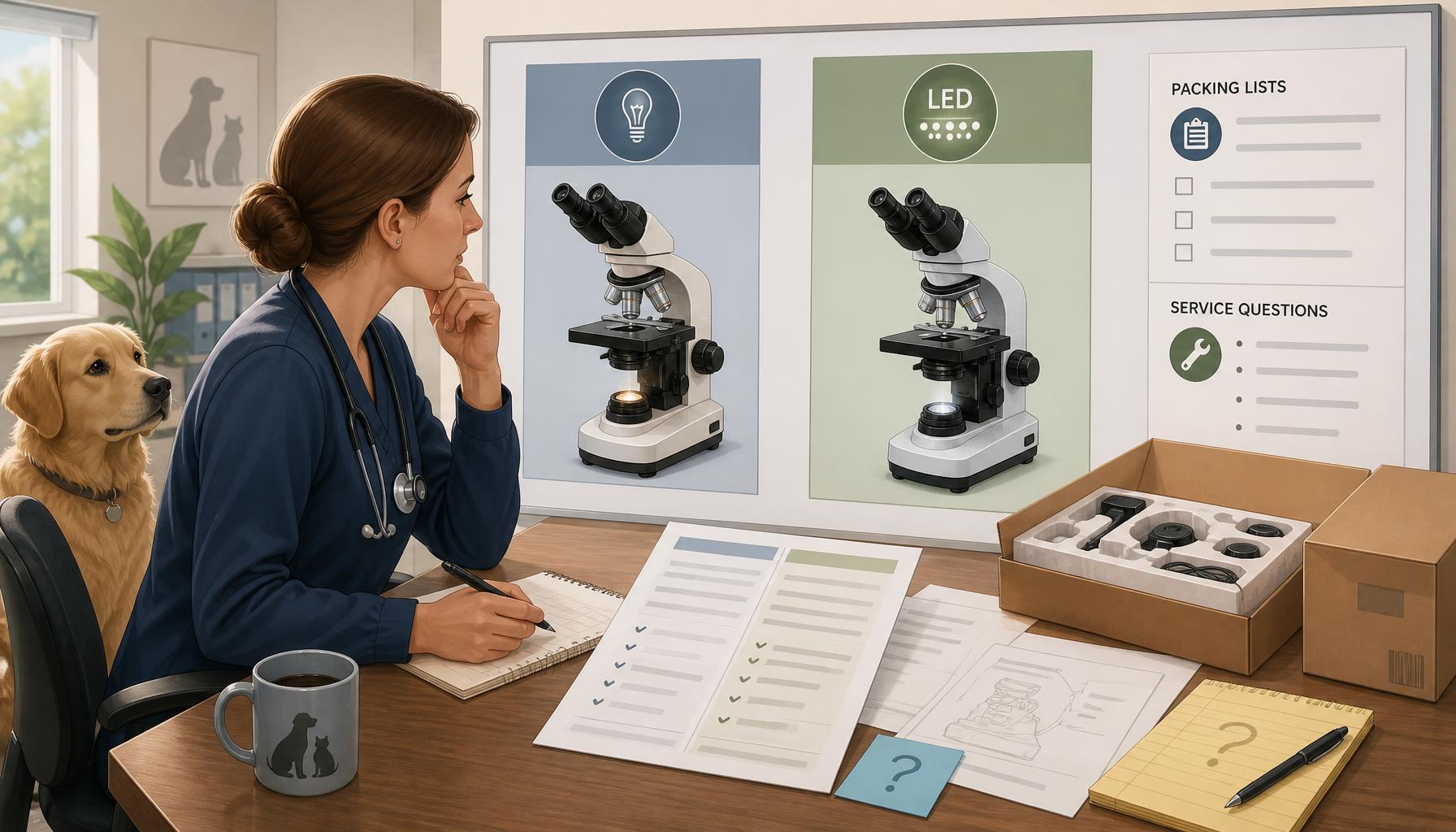AI-generated illustration: AI-generated illustration of a veterinary purchasing manager comparing a reflector-illuminated biological microscope with an optional LED-equipped configuration, alongside packing lists and service questions.