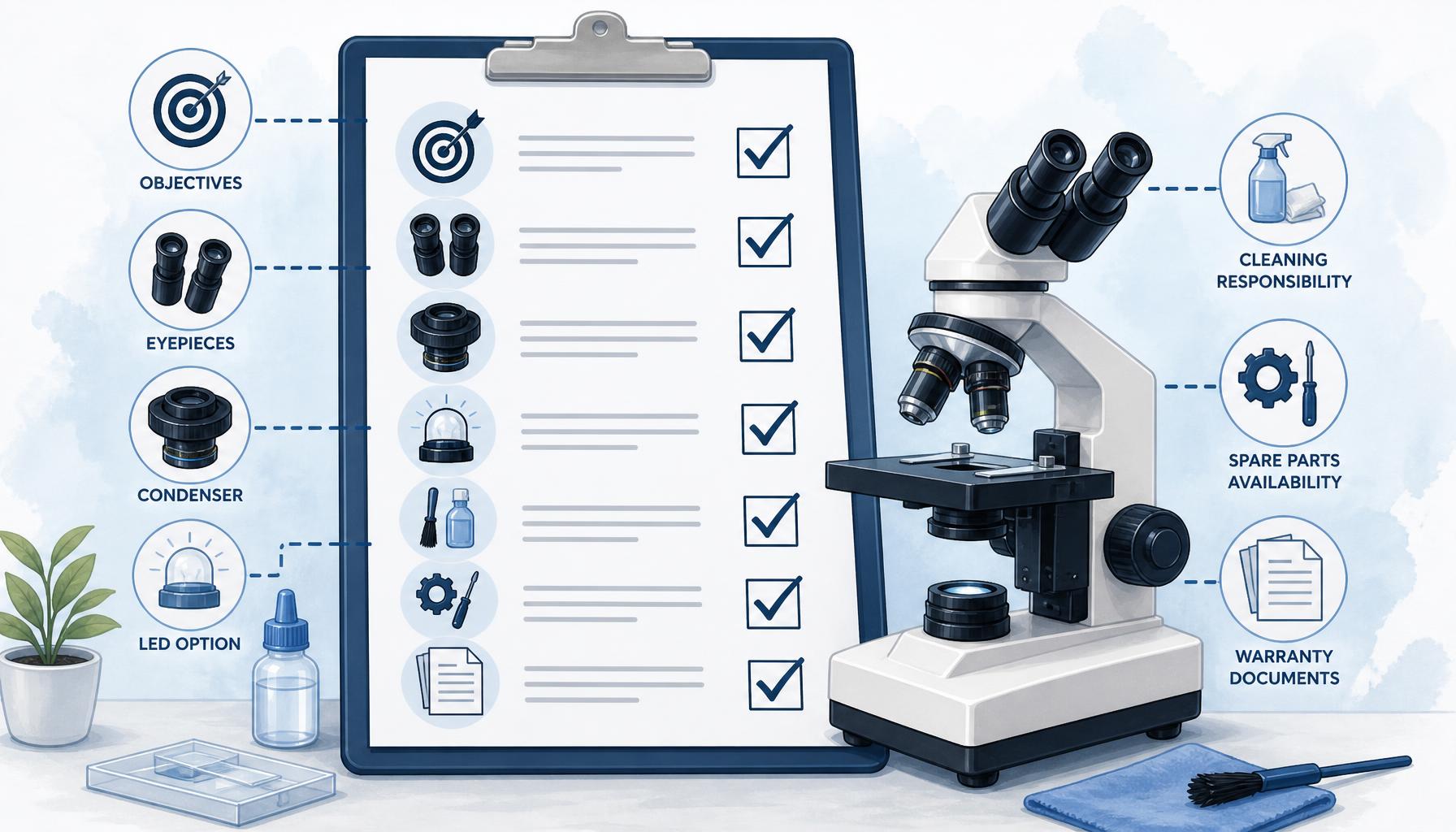 AI-generated illustration: AI-generated illustration of a biological microscope procurement checklist showing objectives, eyepieces, condenser, LED option, cleaning responsibility, spare parts, and warranty documents.