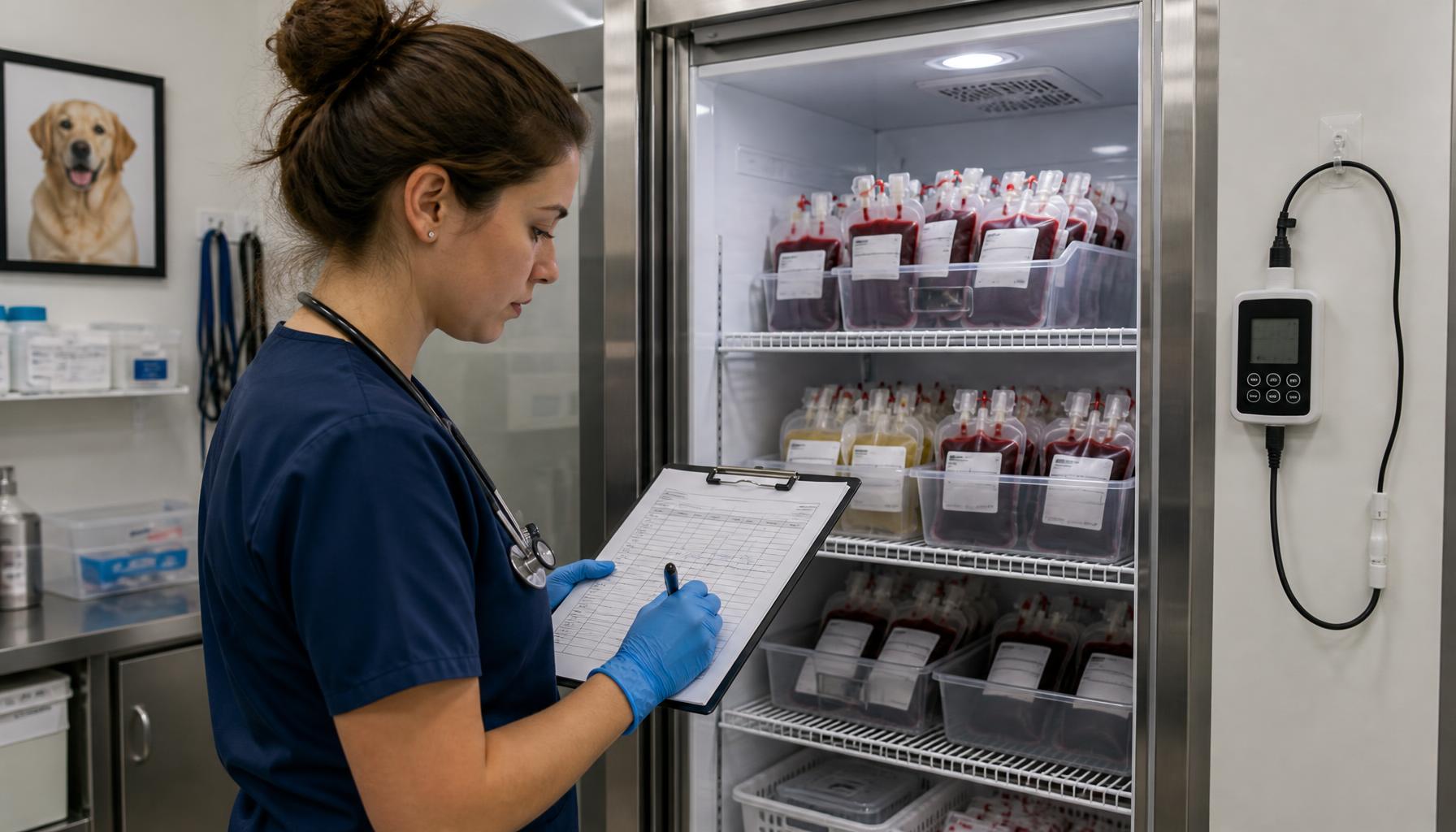 Veterinary technician reviews a refrigerator temperature log beside labeled canine blood products and an external digital data logger.
