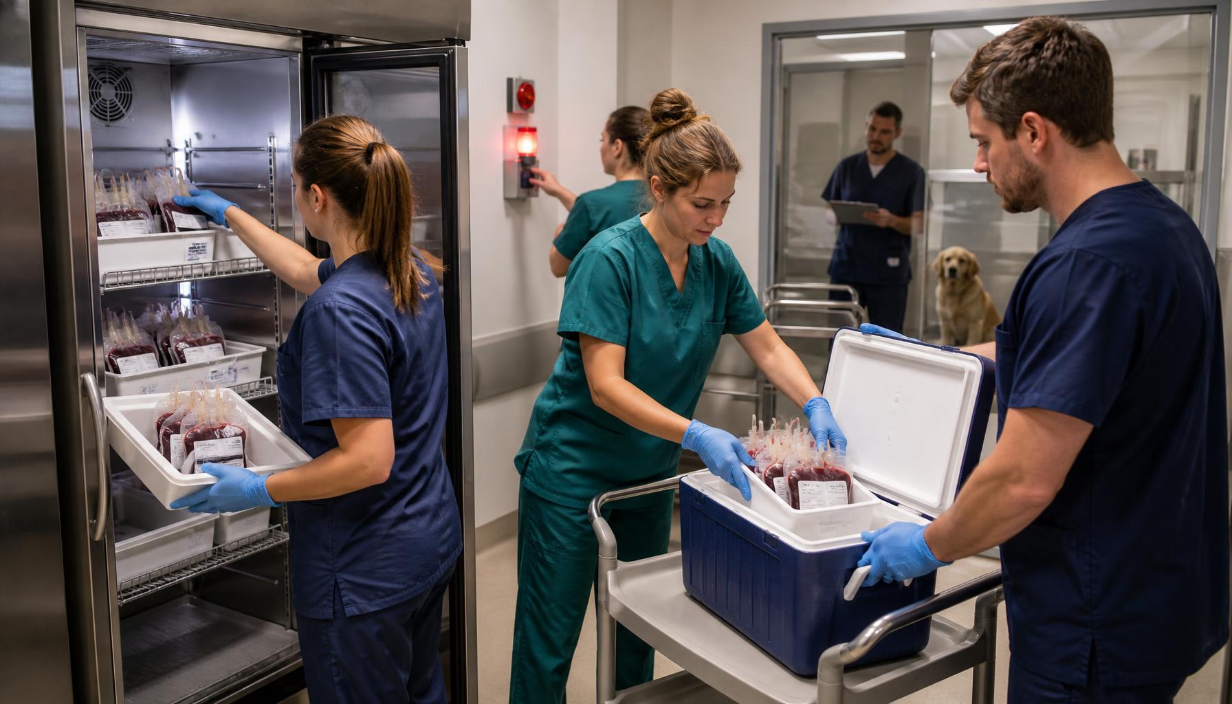 Emergency veterinary team practices transferring labeled blood products from a refrigerator to validated backup cold storage during an alarm drill.