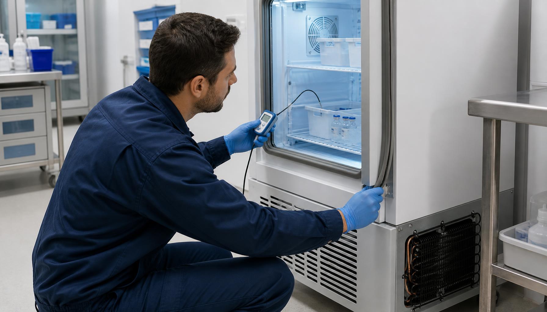 Service technician verifies refrigerator temperature with an independent calibrated probe while inspecting condenser clearance and door gasket condition.
