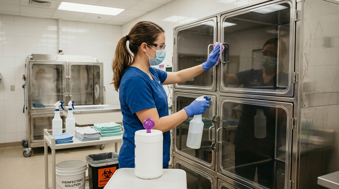 Veterinary technician conducting a 5-step sanitation protocol on a medical-grade isolation unit using specialized clinical disinfectants.
