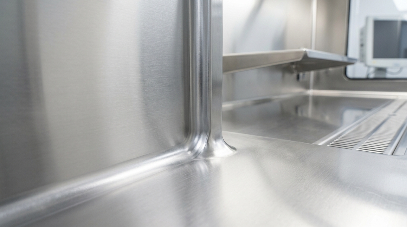 Detailed view of a seamless welded corner inside a clinical enclosure demonstrating the absence of crevices for pathogen accumulation.