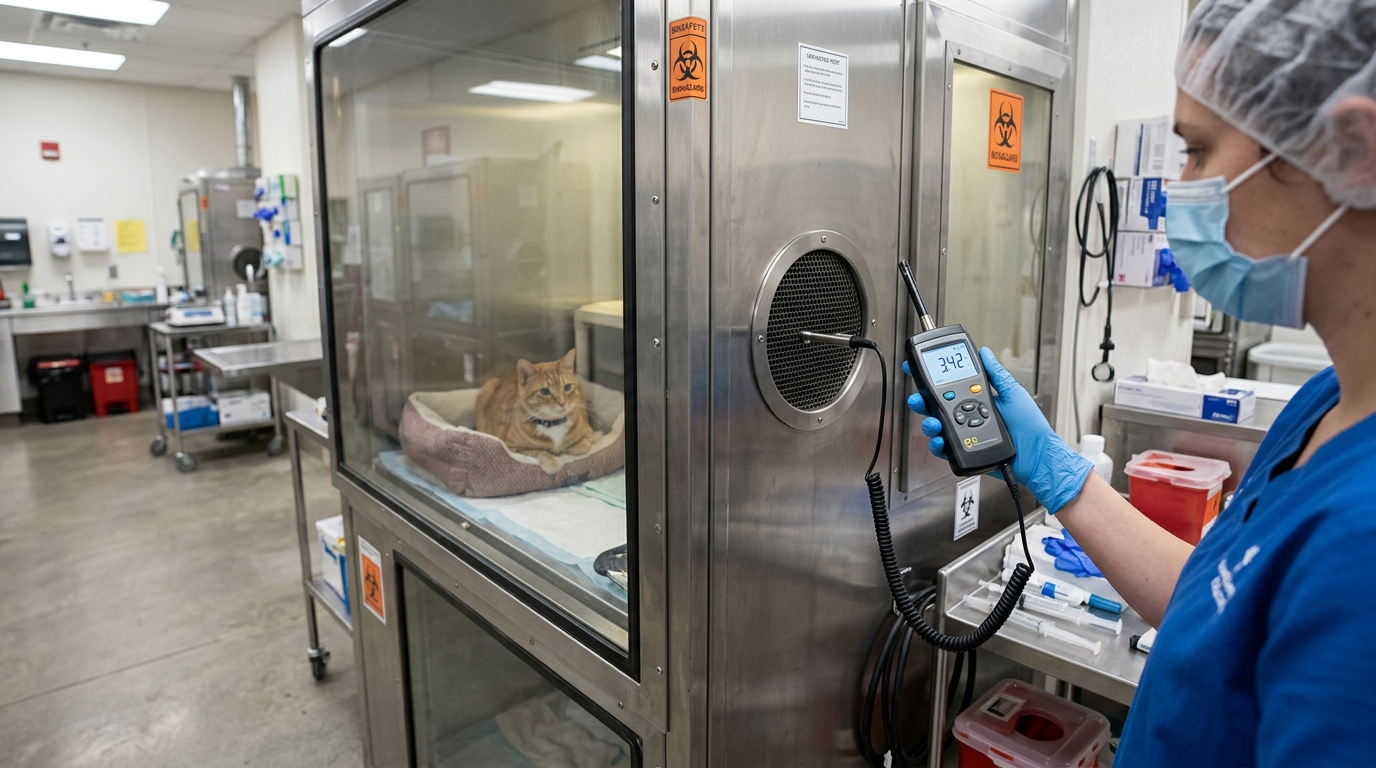 Anemometer device measuring air exhaust velocity at the ventilation port of a feline infectious disease ward enclosure.