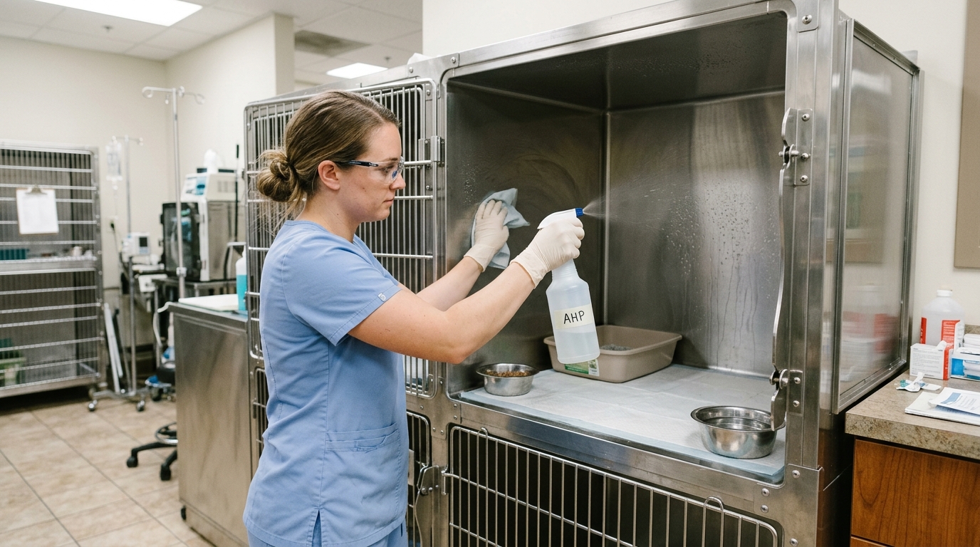 Veterinary technician applying accelerated hydrogen peroxide spray to the interior walls of a 304-grade stainless steel feline enclosure.