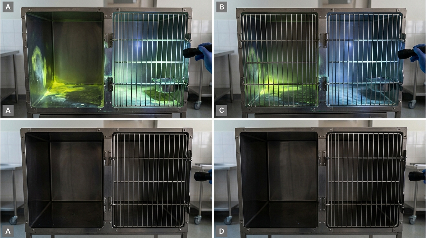 Comparative chart showing ultraviolet fluorescence of residual organic matter in a cat cage before and after a standardized three-step cleaning protocol.