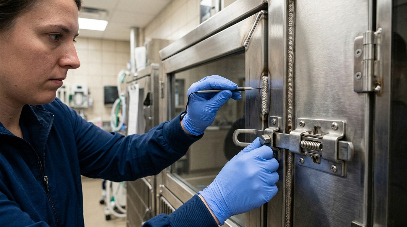Close-up of a technician inspecting the welded seams and locking mechanism of a stainless steel veterinary housing unit for signs of wear.