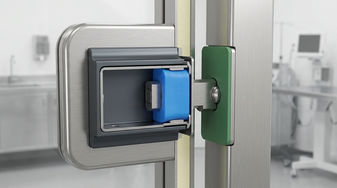 Cross-sectional view of a silicone-dampened latch mechanism on a veterinary enclosure door, highlighting the vibration-absorbing buffer pad and polymer-coated striker plate.