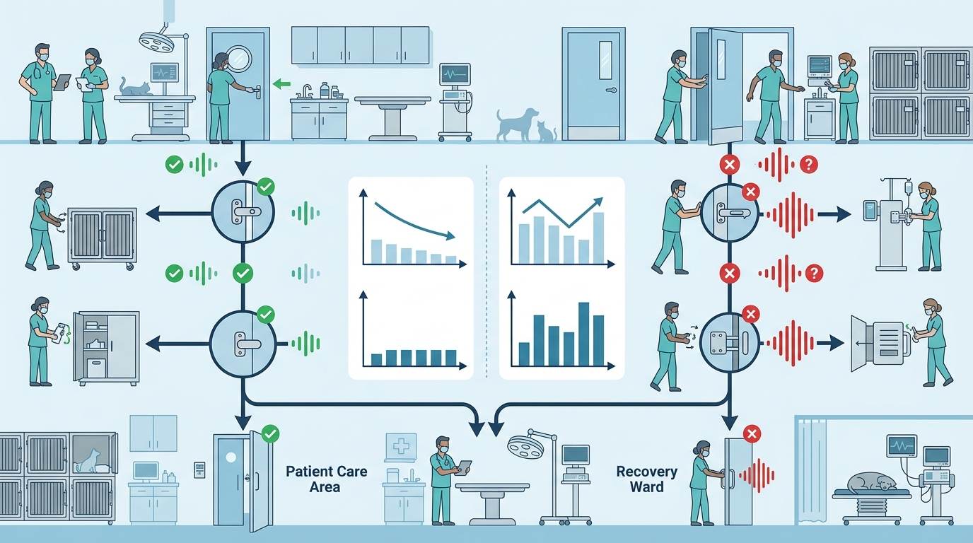 Veterinary hospital workflow chart comparing latch failure rates and average closure noise levels between staff trained in acoustic management versus untrained personnel.