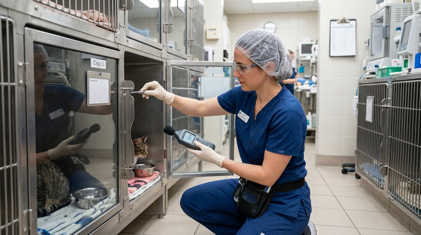 Veterinary maintenance technician using a decibel meter and a calibration tool to adjust the striker plate alignment on a clinical feline enclosure.
