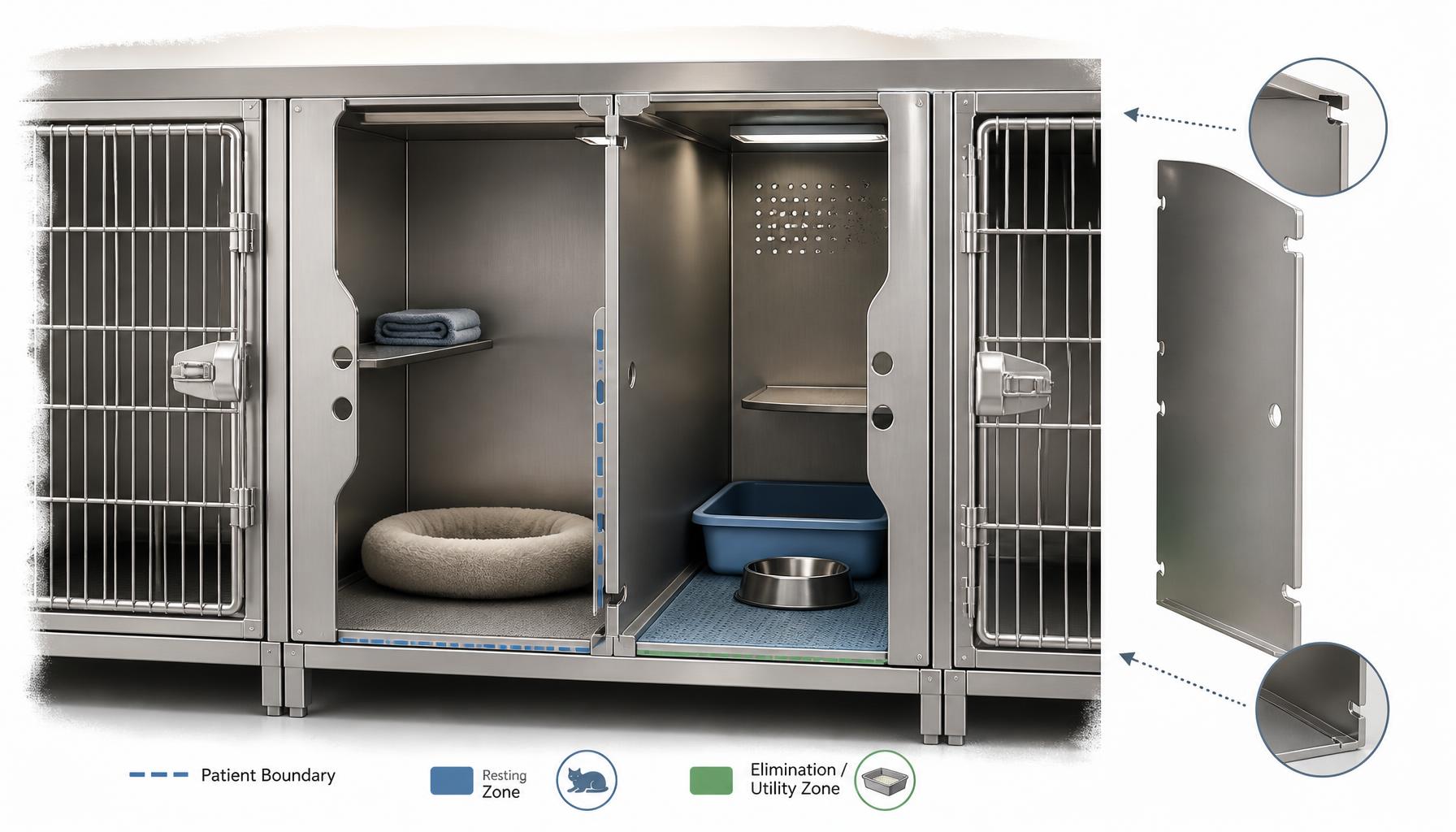 A conceptual cutaway of adjacent stainless steel cat cages shows opaque side dividers, door openings, and removable internal partitions, with distinct visual markers separating patient boundaries from internal housing zones.