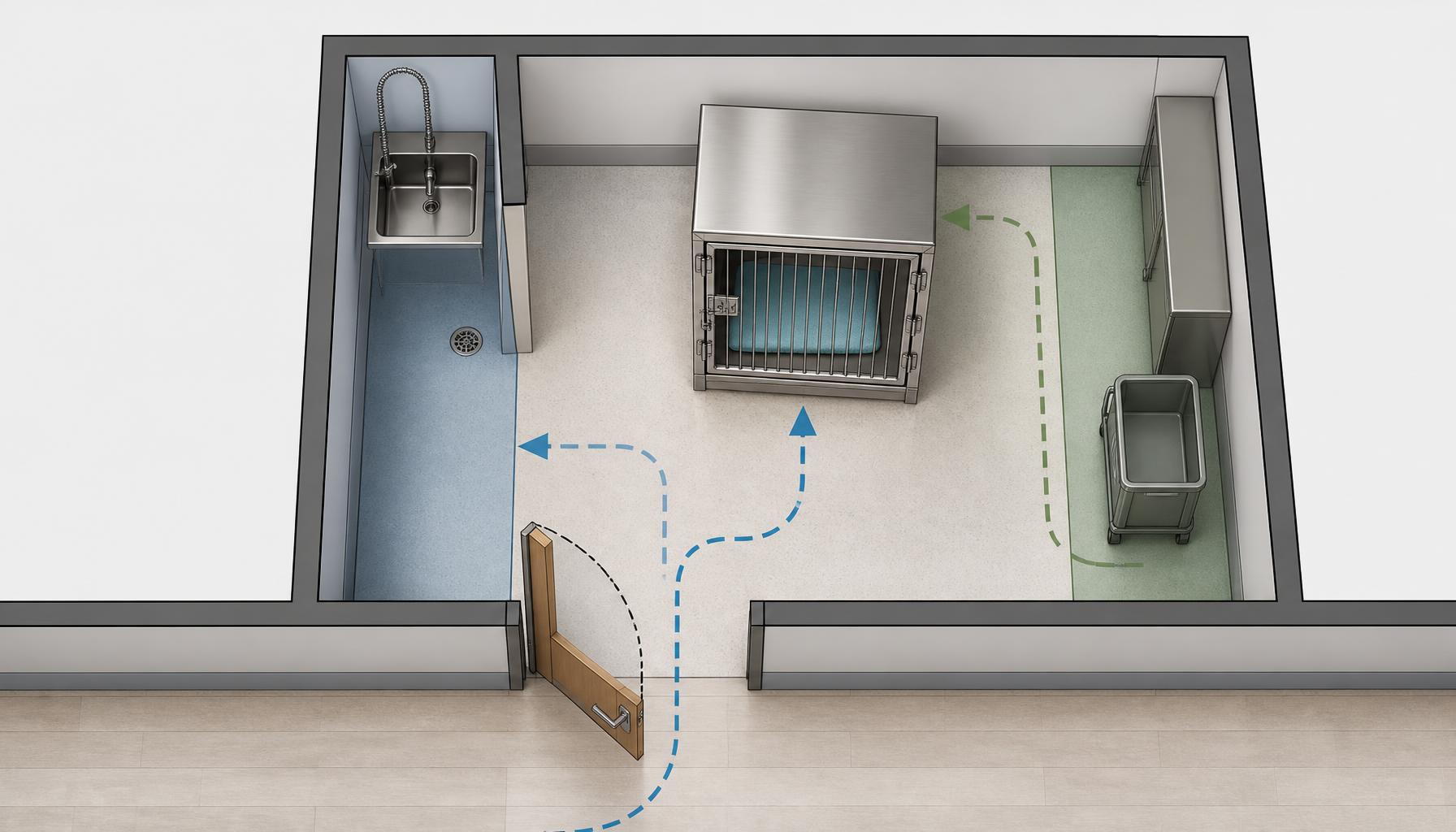 A conceptual clinic floor plan shows a stainless steel cat cage footprint, doorway and delivery route, door swing, and separate cleaning and service access zones without assigning unverified clearance dimensions.