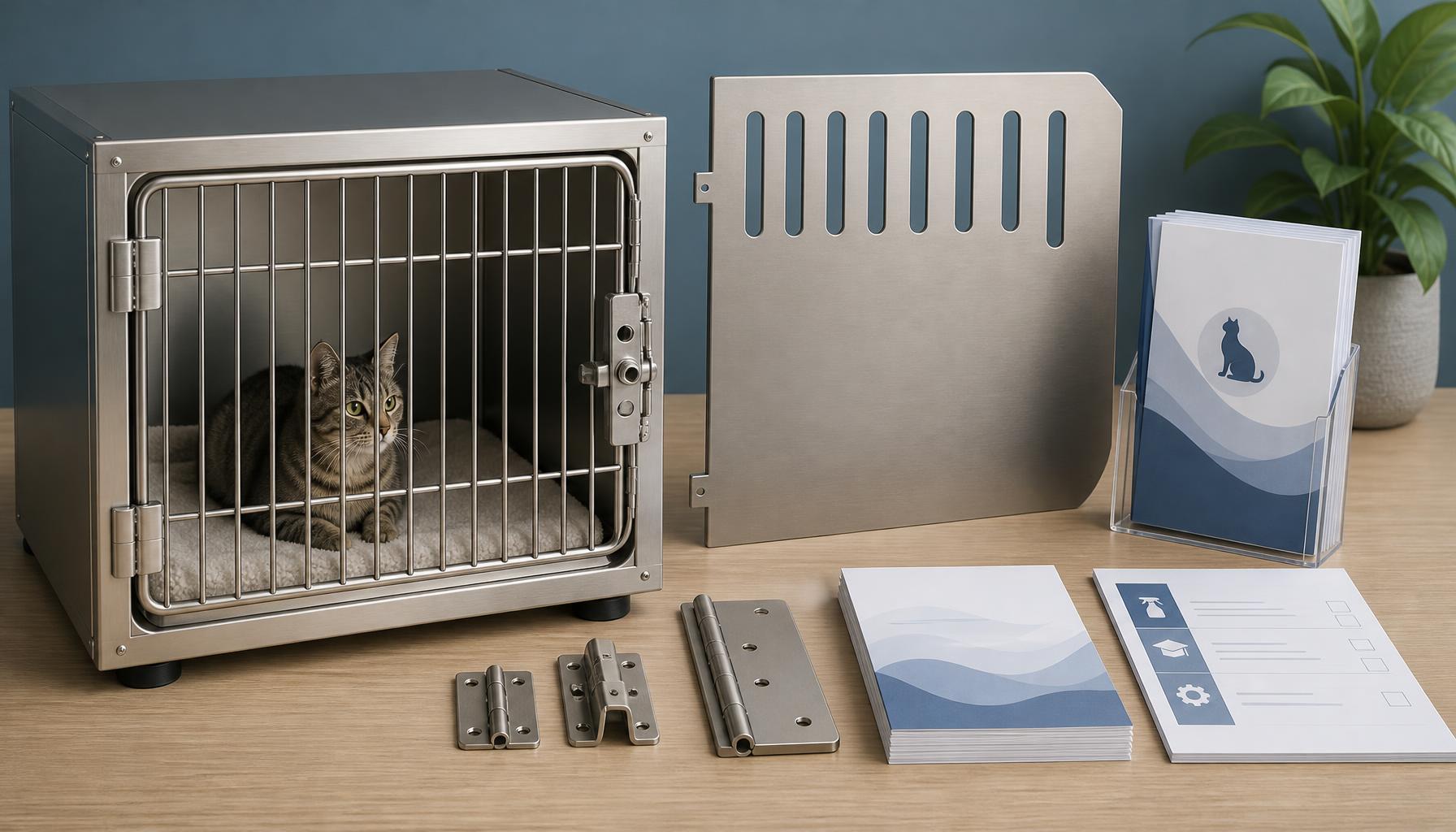 A conceptual procurement handover display places a stainless steel cat cage beside a removable divider, door hardware, material care documents, and a responsibility checklist for cleaning, training, and replacement parts.