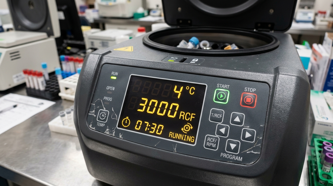 Close-up of a digital centrifuge control panel displaying four degrees Celsius and three thousand RCF during a clinical cycle.