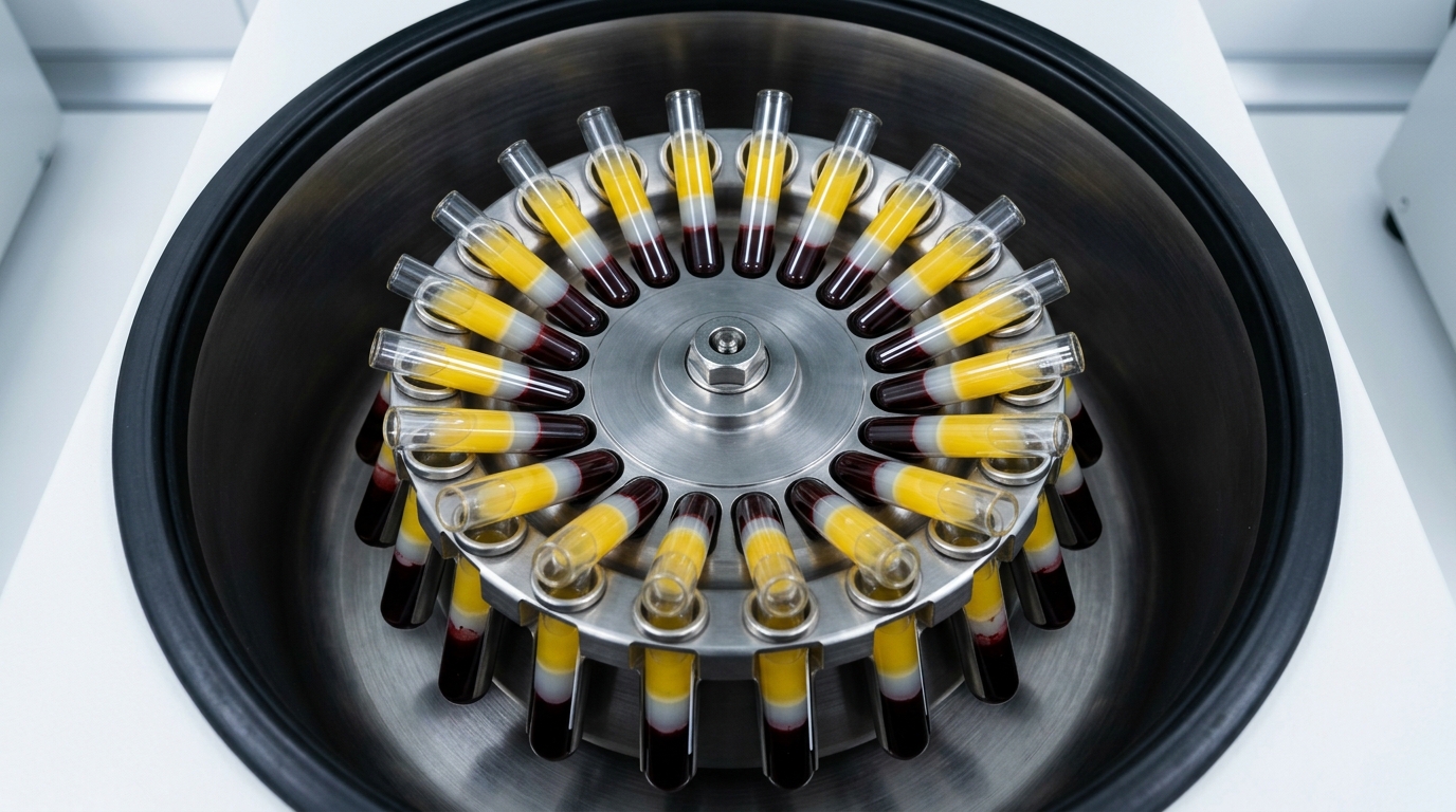 Top-down view of a balanced centrifuge rotor loaded with serum separator tubes arranged symmetrically.