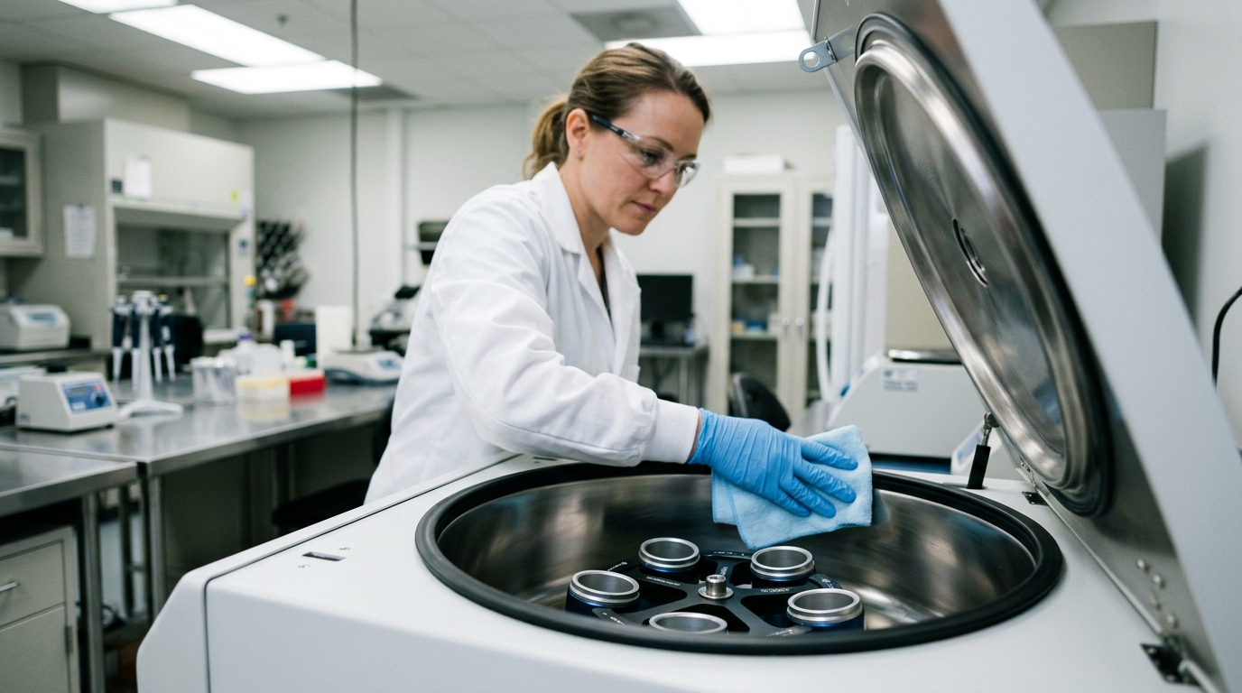 Technician performing routine maintenance by wiping the stainless steel interior chamber of a refrigerated centrifuge with a microfiber cloth.