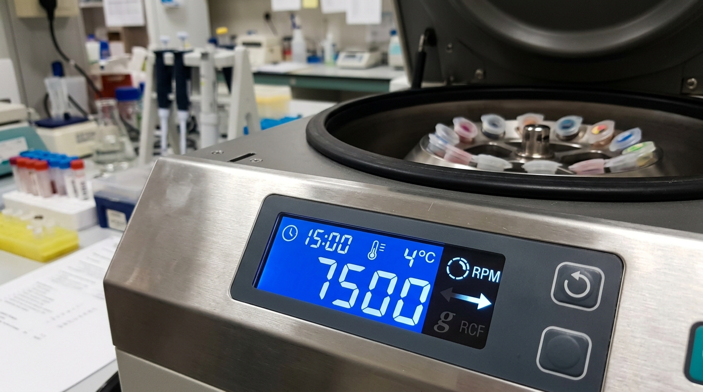 Close-up of a centrifuge digital display showing the toggle between RPM and RCF values with a sample rotor in the background.