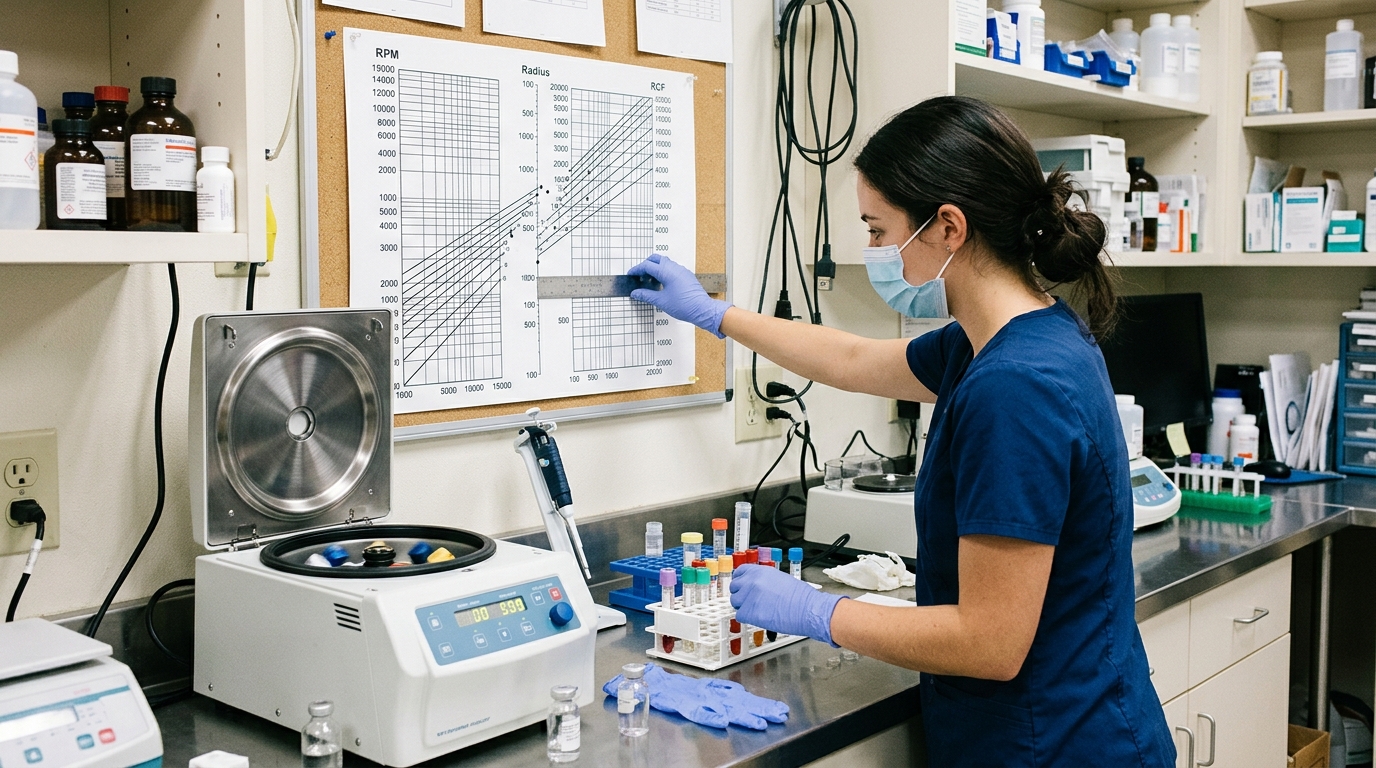 Veterinary laboratory technician referencing a printed RPM to RCF conversion nomogram chart attached to the clinical workspace wall.