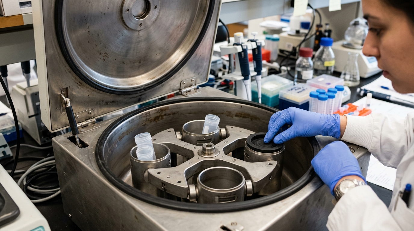 Open centrifuge chamber showing the internal rotor, tube buckets, and a technician's hand inspecting the rubber cushions for wear.
