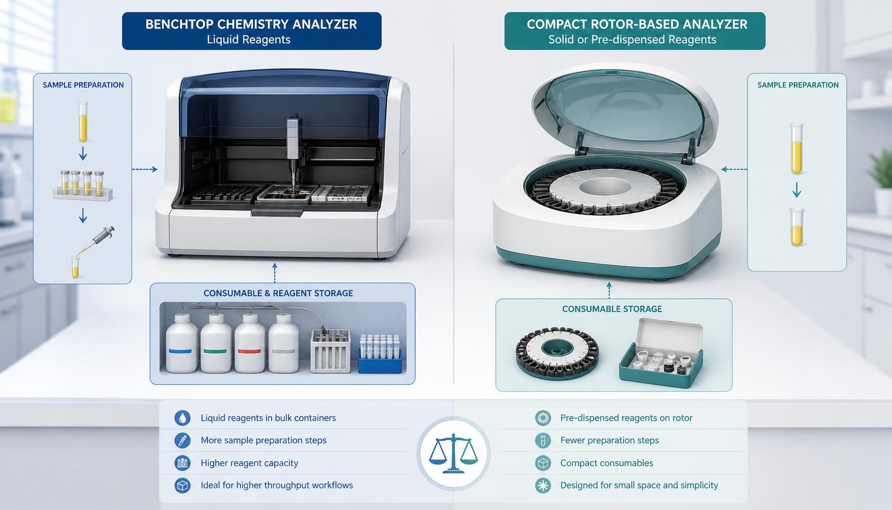 AI-generated illustration: AI-generated illustration comparing a benchtop veterinary chemistry analyzer using liquid reagents with a compact rotor-based analyzer, showing separate sample preparation and consumable storage concepts.