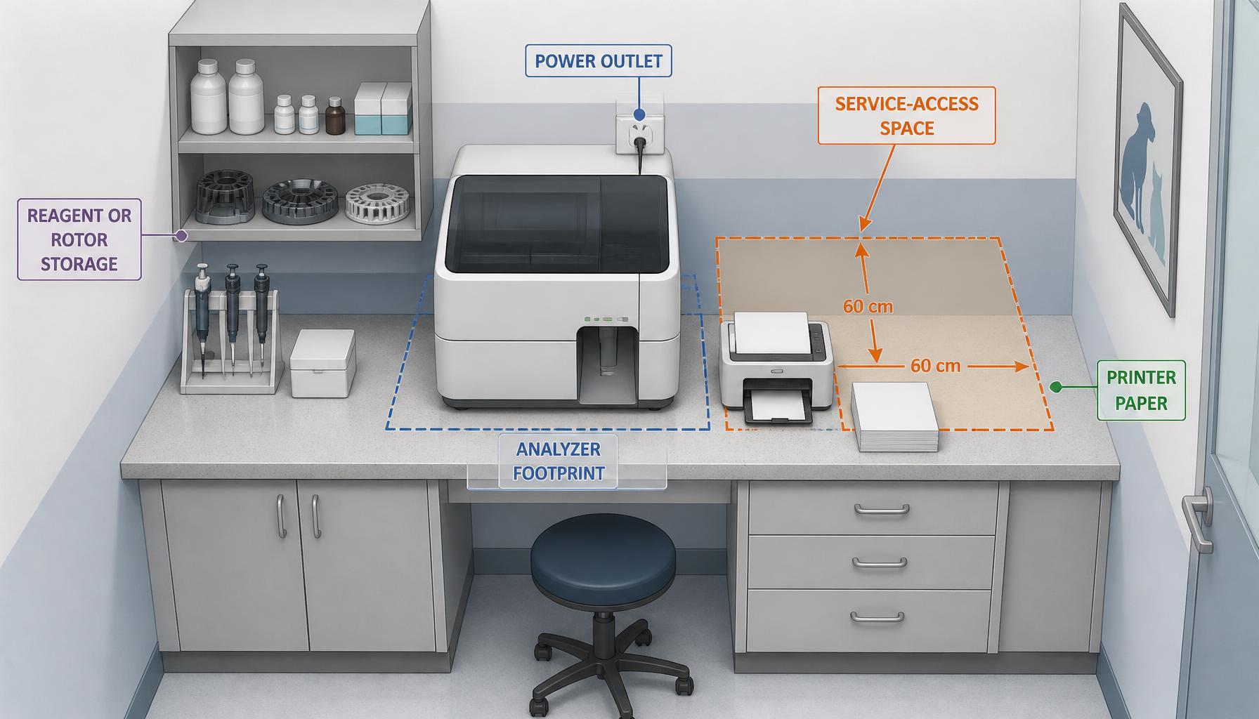 AI-generated illustration: AI-generated illustration of a small veterinary clinic laboratory bench plan showing analyzer footprint, power outlet, reagent or rotor storage, printer paper, and clear service-access space.