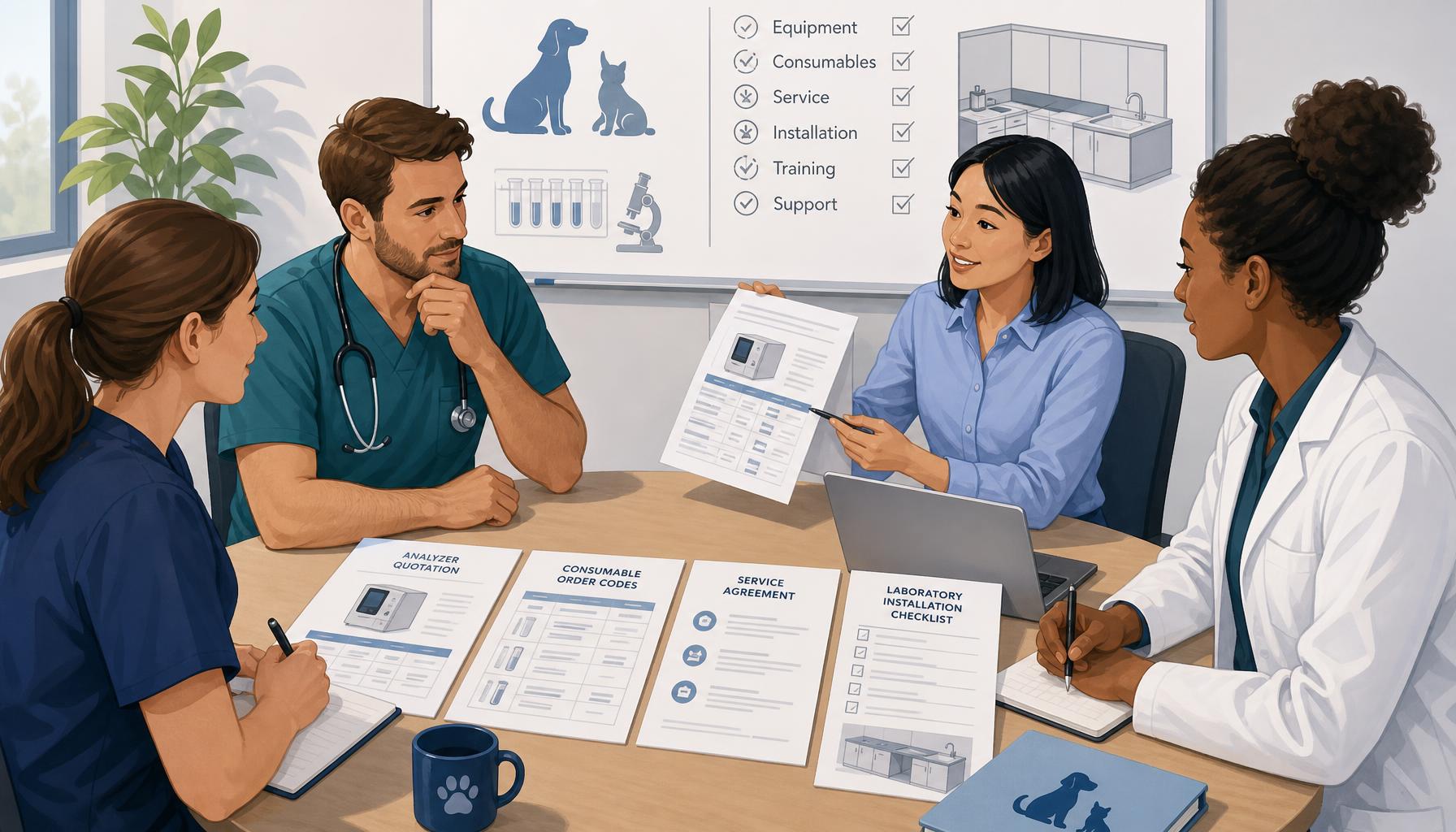 AI-generated illustration: AI-generated illustration of a veterinary procurement meeting reviewing an analyzer quotation, consumable order codes, service agreement, and laboratory installation checklist.