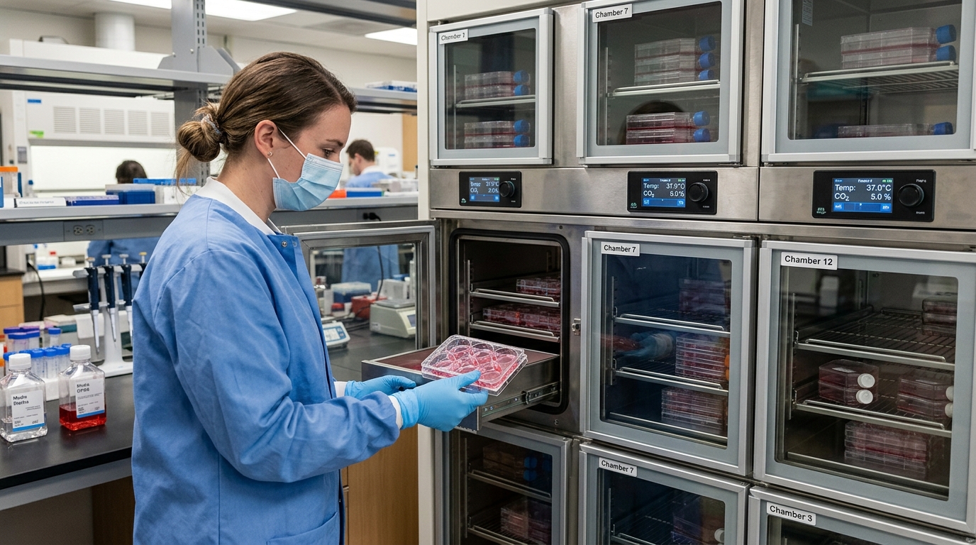 Laboratory technician loading stem cell culture plates into a multi-chamber laboratory incubator, ensuring the inner glass door remains closed to maintain gas concentration.