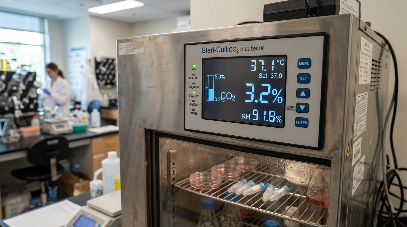 Digital display panel of a veterinary laboratory incubator showing a drop in carbon dioxide concentration from 5 percent to 3.2 percent after a prolonged chamber access event.