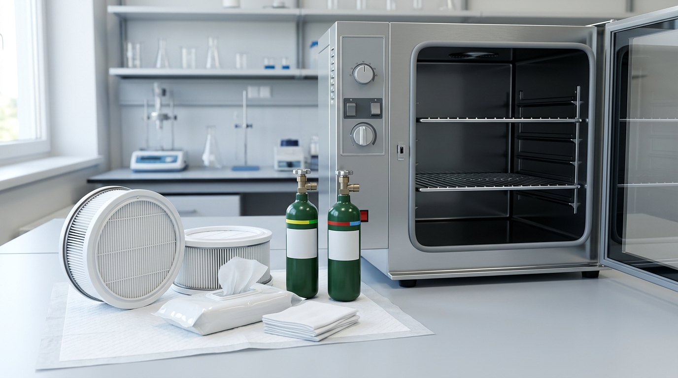 Specialized maintenance kit including HEPA filters, sterile wipes, and calibration gas cylinders laid out next to a cleaned laboratory incubator.