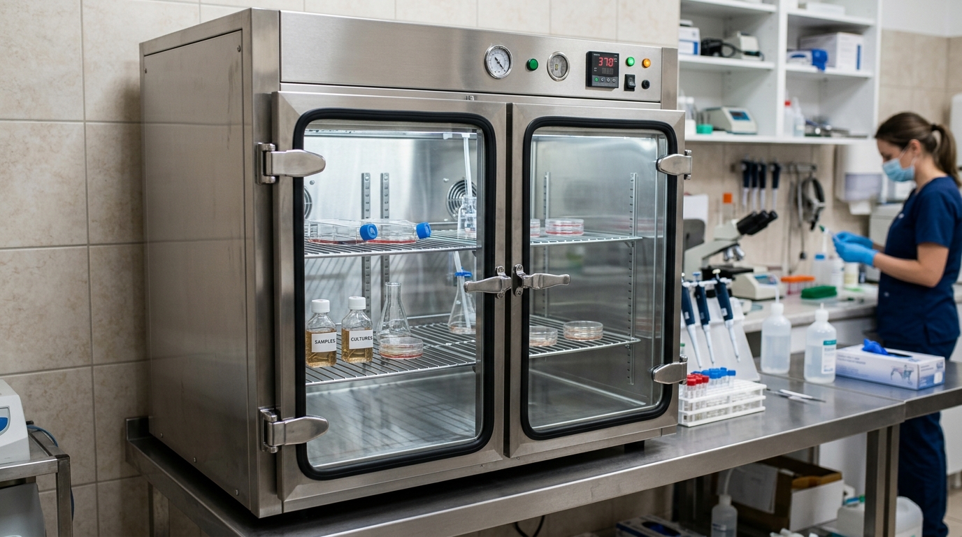 Stainless steel inner chamber with split-glass doors minimizing gas loss during sample retrieval in a veterinary clinic.
