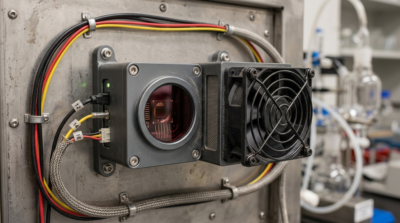 Close-up of an infrared gas sensor and internal fan module mounted on the rear wall of a laboratory chamber.