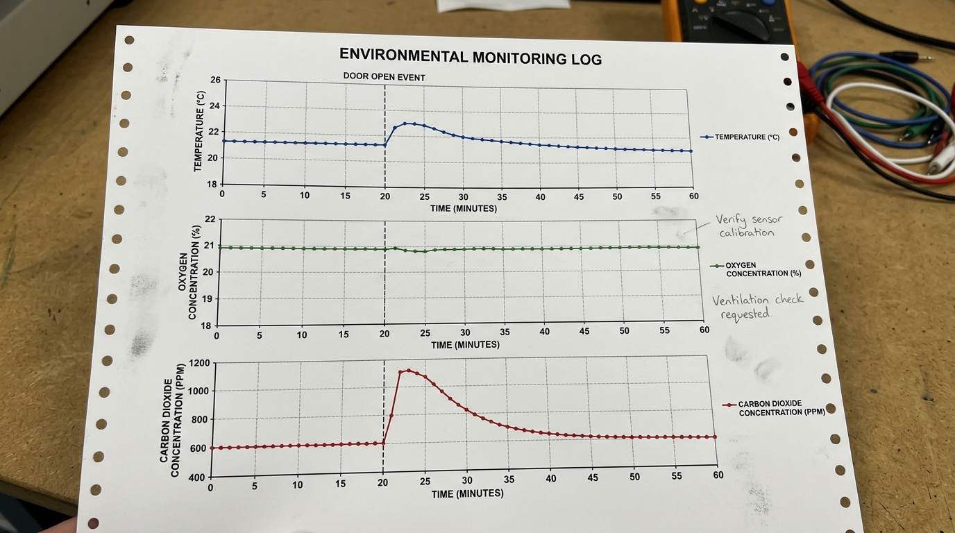 Data log printout showing temperature and gas concentration curves plotted against time following a door opening event.