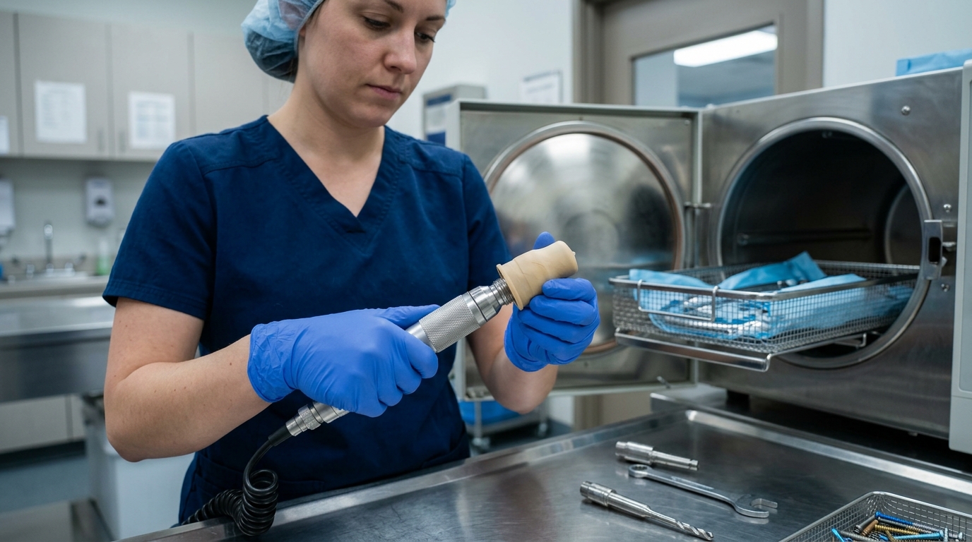 Veterinary technician securing a moisture-resistant cap onto a surgical cranial drill handpiece before placing it into a pre-vacuum sterilization chamber.