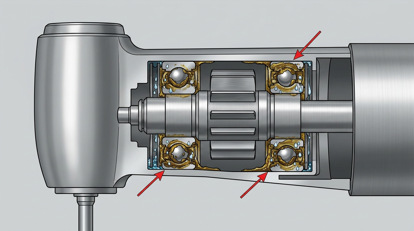 Cross-section schematic displaying the internal motor bearings of a surgical handpiece affected by excessive baked lubricant and trapped condensation.