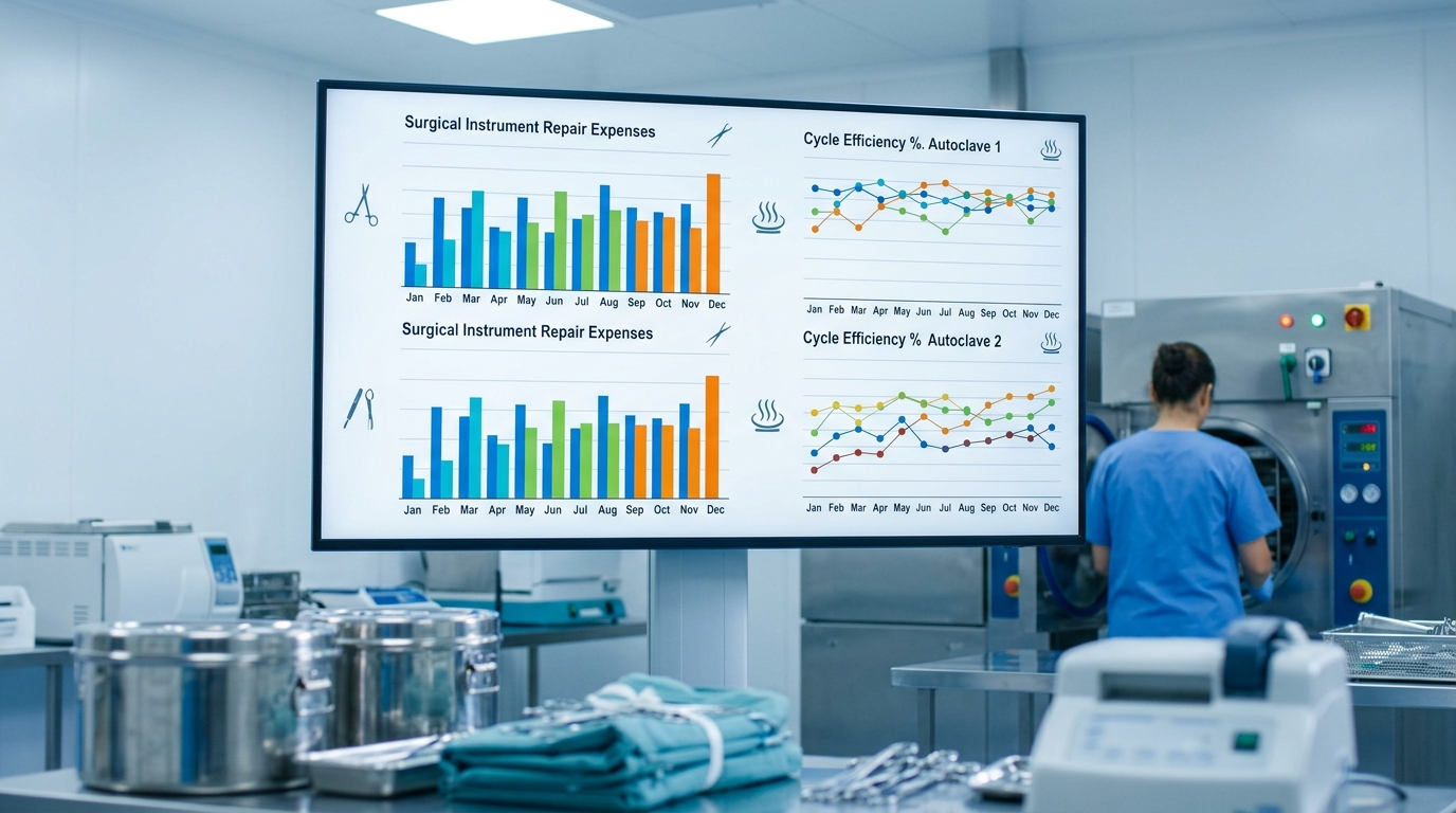 Clinical dashboard displaying comparative data charts of surgical instrument repair costs and autoclave cycle efficiency over a twelve-month period.