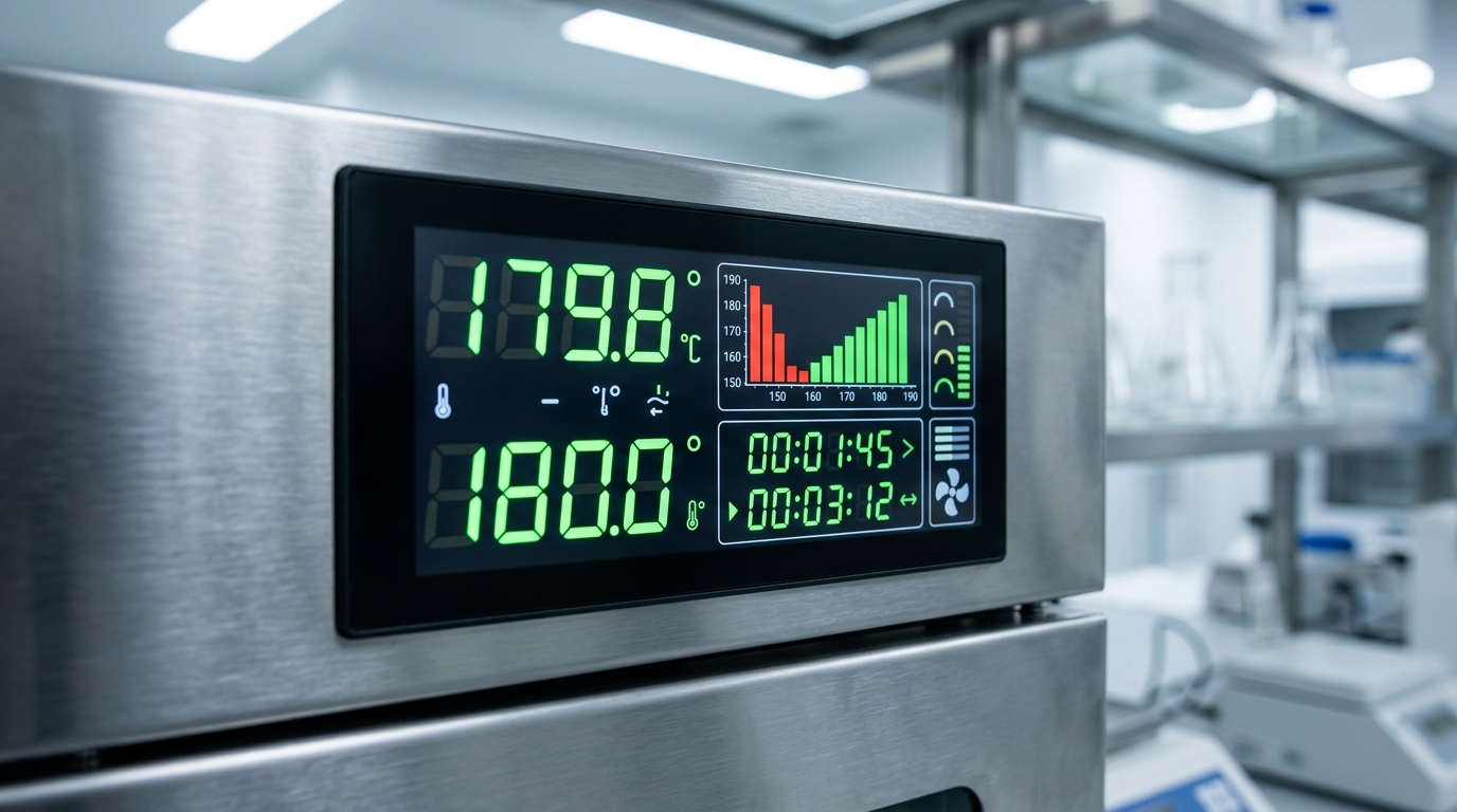 Digital display panel of a laboratory dry oven showing precise temperature recovery metrics and forced air fan status after a door opening.