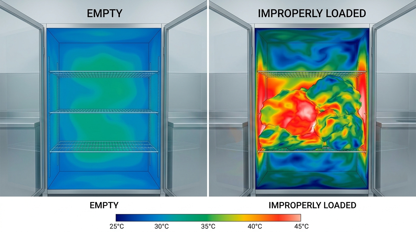 Comparative thermal mapping chart illustrating temperature distribution inside an empty versus an improperly loaded veterinary drying chamber.