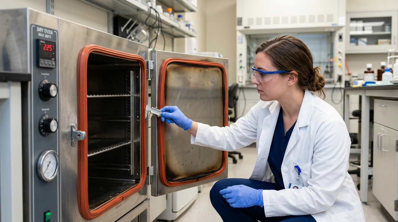 Technician inspecting the high-temperature silicone door gasket of a laboratory dry oven to ensure an airtight seal.