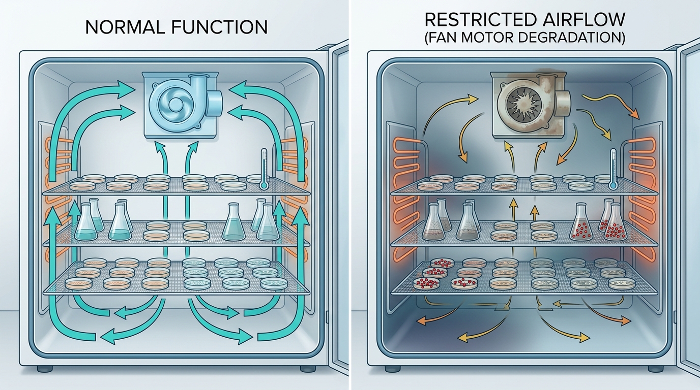 Cross-sectional diagram of a veterinary laboratory incubator showing normal vs restricted airflow patterns caused by fan motor degradation.