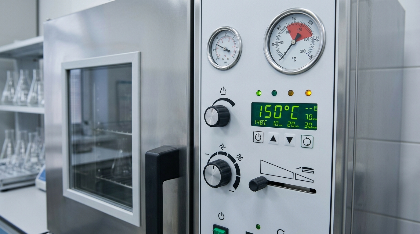 Close-up of a dry oven control panel showing optimal damper settings and temperature ramp-up programming for clinical glassware drying.
