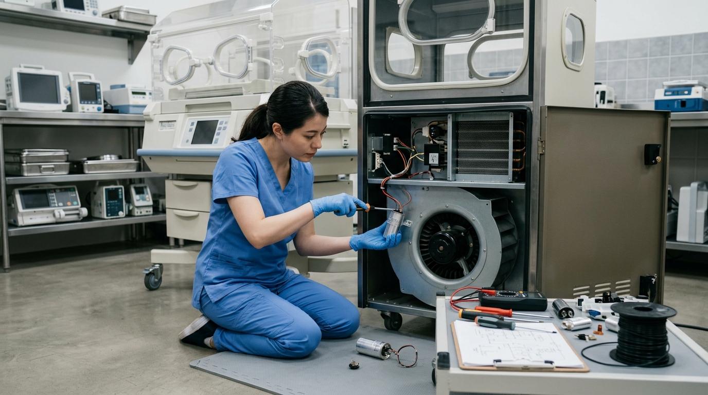 Diagnostic technician replacing a run capacitor on the rear fan assembly of a forced-air incubator to restore proper RPM.