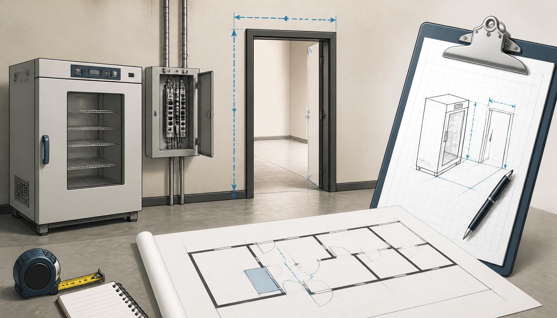 AI-generated illustration: AI-generated conceptual illustration showing a dry oven beside an electrical service panel, a measured doorway, and a floor plan used to assess import-site readiness before delivery.