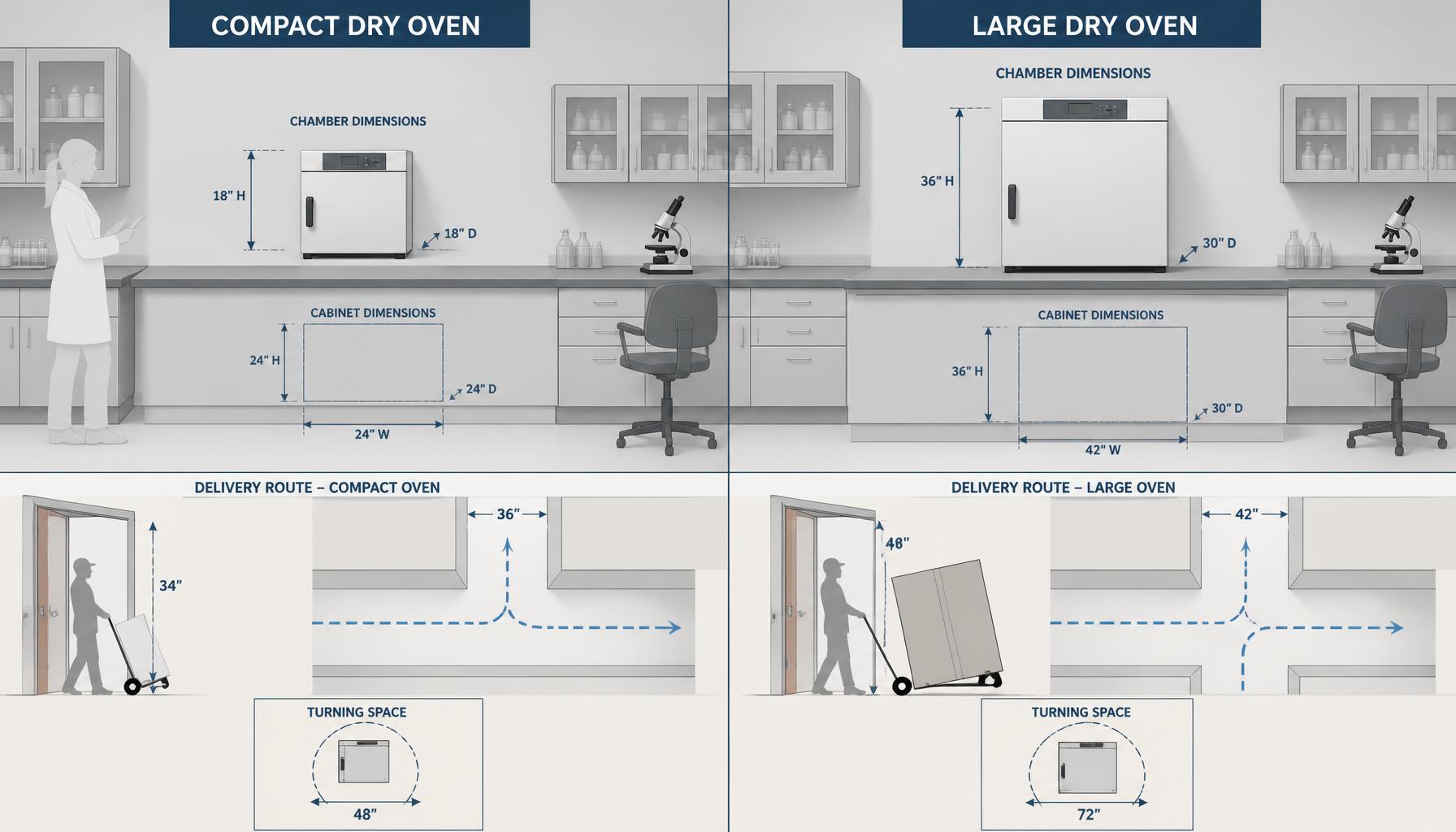 AI-generated illustration: AI-generated conceptual illustration comparing compact and large dry oven footprints in a veterinary laboratory, with chamber dimensions, cabinet dimensions, and delivery-route measurements shown as neutral planning graphics.