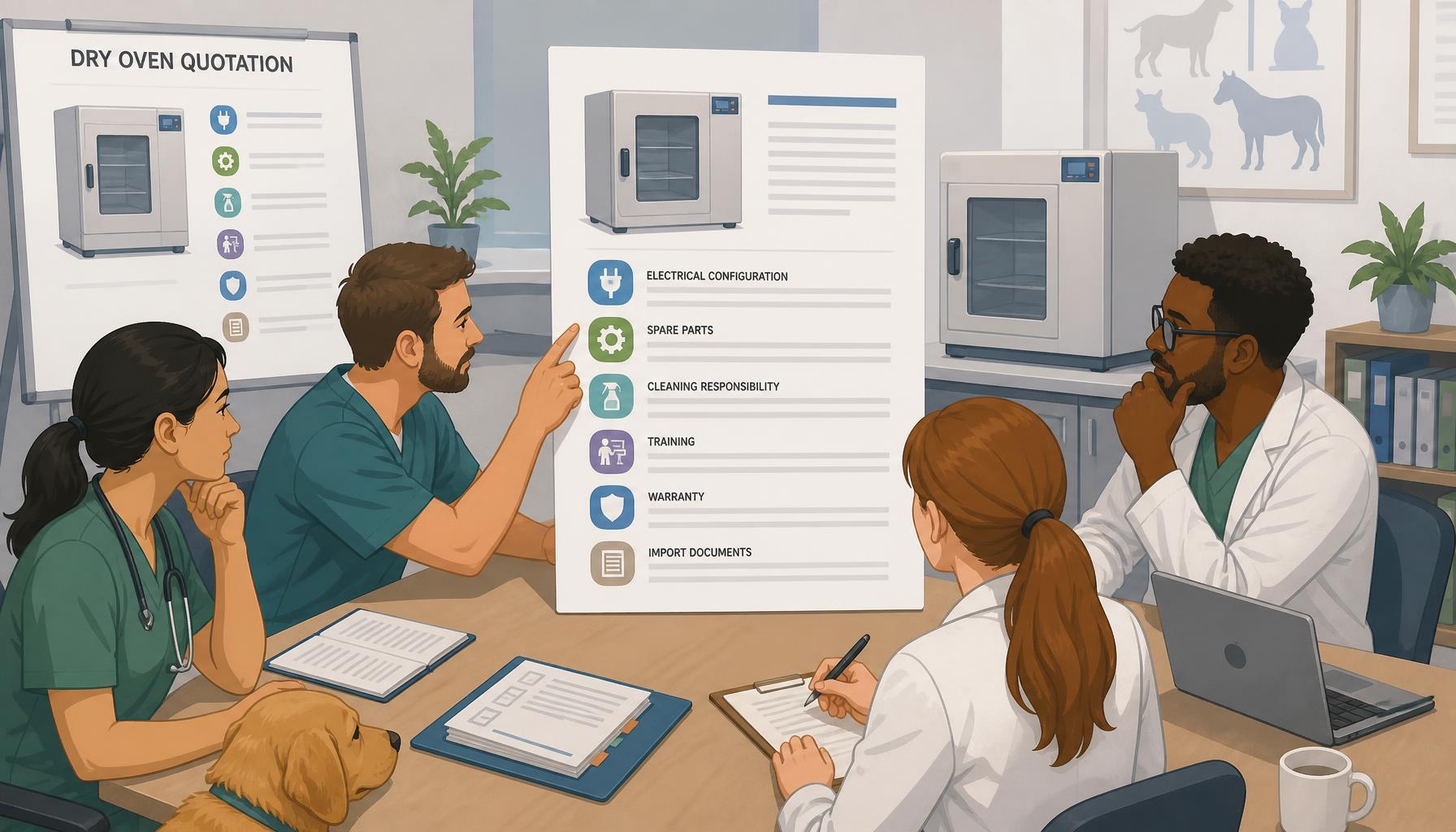AI-generated illustration: AI-generated conceptual illustration of a veterinary procurement team reviewing a dry oven quotation with sections for electrical configuration, spare parts, cleaning responsibility, training, warranty, and import documents.