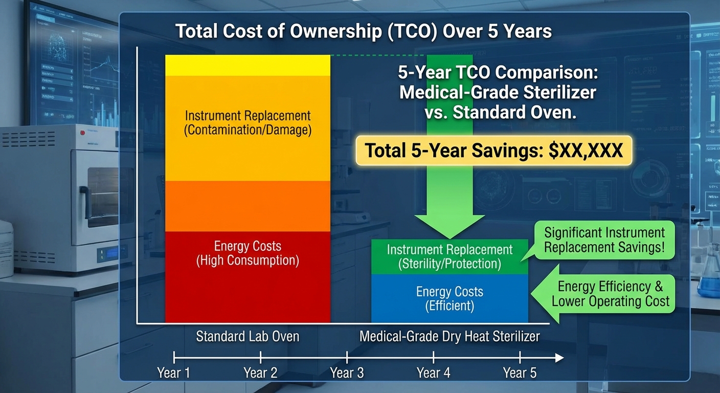 A graphical chart overlay showing the Total Cost of Ownership (TCO) comparison over 5 years between a standard lab oven and a medical-grade dry heat sterilizer, highlighting energy costs and instrument replacement savings.
