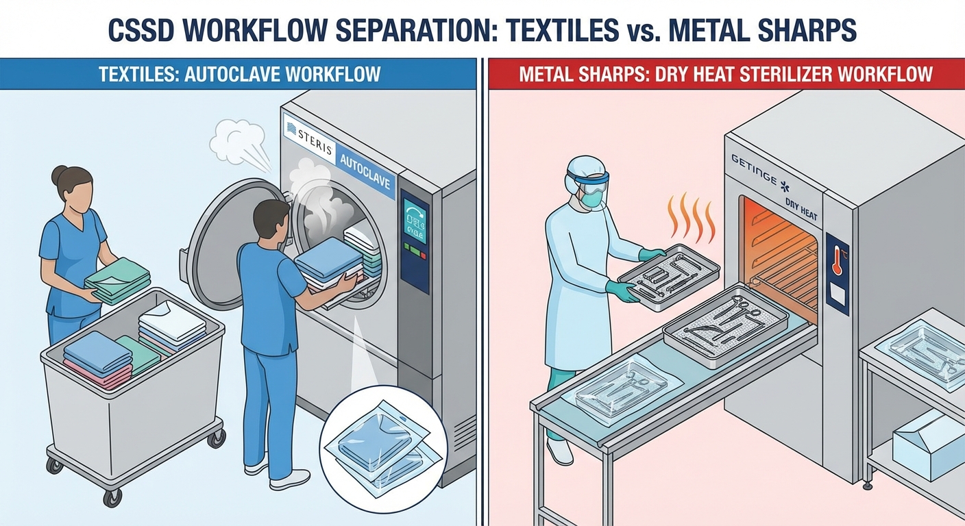 A split-screen diagram illustrating the workflow separation in a central sterile services department (CSSD), showing textiles going to an autoclave and metal sharps going to a dry heat sterilizer.