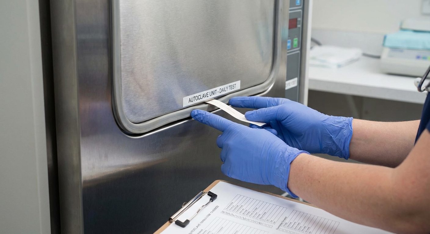 A technician's hands performing the 'Paper Test' on a sterilizer door seal, demonstrating the correct resistance check for a tight seal.